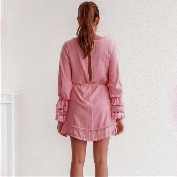 Pink Crochet Fringe Bell Sleeve Boho Gypsy Dress - Picture 2 of 11